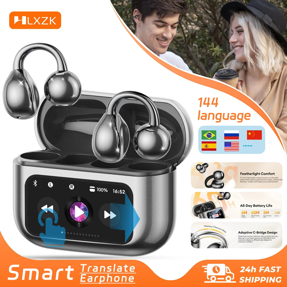 Wireless Ear Clip Earphones with Touch Screen 144 Languages AI Real Time Translation Headphones Smart Bluetooth 5.4 Earbuds