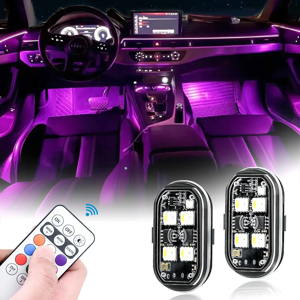 2/4Pcs Wireless LED Strobe Lights -Car Decor Atmosphere Light, 8 Colors Rechargeable 