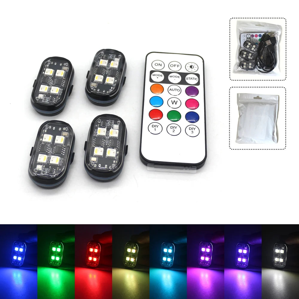 2/4Pcs Wireless LED Strobe Lights -Car Decor Atmosphere Light, 8 Colors Rechargeable 